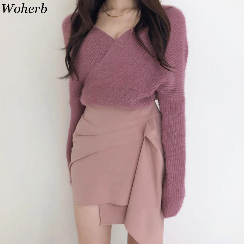 Woherb/осенний вязаный свитер с v-образным вырезом, сексуальный трикотажный свитер с открытыми плечами Modis, зимние топы, пуловер, джемпер, женские Дамские свитера