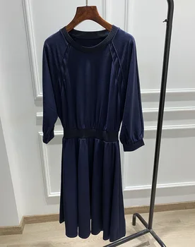 

Women Dress Elastic Waist Slimming Knitted Round Neck Stitching 3/4 Sleeve Dress Women