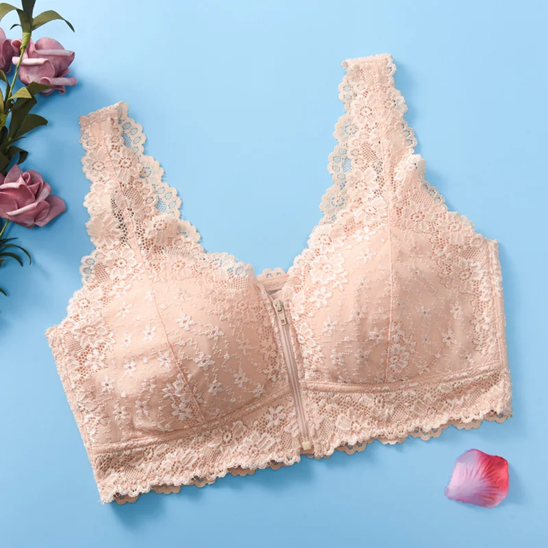 Fashion Soft Plus Size Sexy Bra Female Elastic Comfortable Bra Vest Front Zipper Push Up Bra Full Cup Lace Underwear 1PC