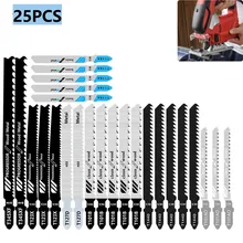 25 pçs lâmina de serra de gabarito t shank jigaw lâmina para madeira de plástico metal de alta carbono lâmina de serra de dente fino de metal médio lâmina de serra