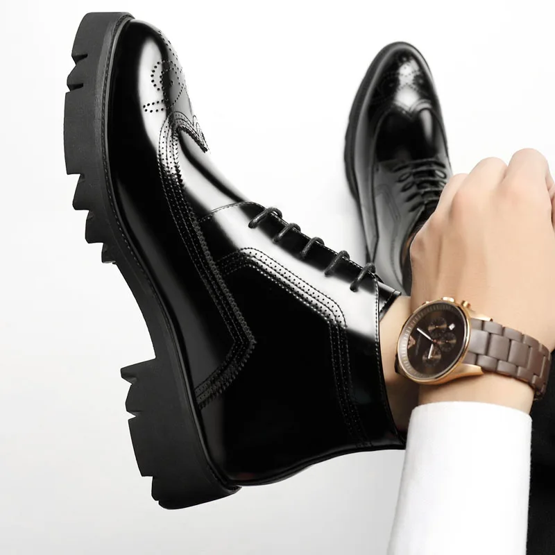 New 4/7cm Height Increase High Top Men Boots Leather Mid Heel Lift Men's Boots British Spring Winter Formal Elevator Boots