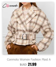 Conmoto, женские модные клетчатые искусственные шерстяные пальто, Осень-зима, женские уличные короткие куртки и пальто с поясом для девушек