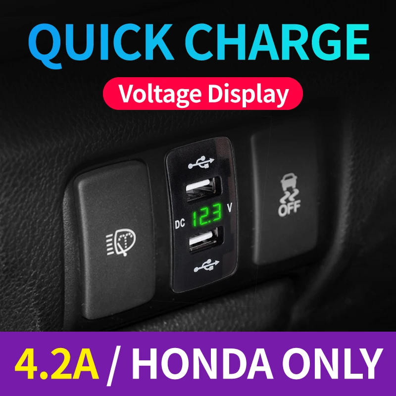 

Quick Charge 4.2A Car Charger USB Vehicle DC12V-24V Kit Dual USB Charger 2 Port Cable Socket Voltage Display For Honda