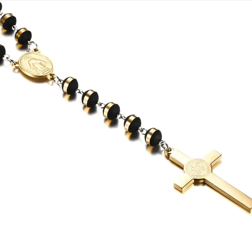 30" 8MM Stainless Steel Rosary Beads Necklace Black and Gold Color with Holy Jesus Christ Crucifix Cross Pendant 3