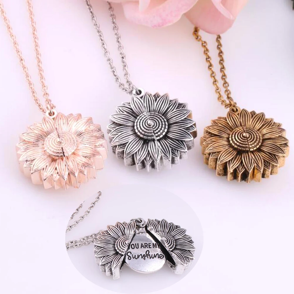 

Vintage Unique Letters Youre My Sunshine Engraved Open Locket Sunflower Pendant Necklace for Women Jewelry Gift Silver Gold