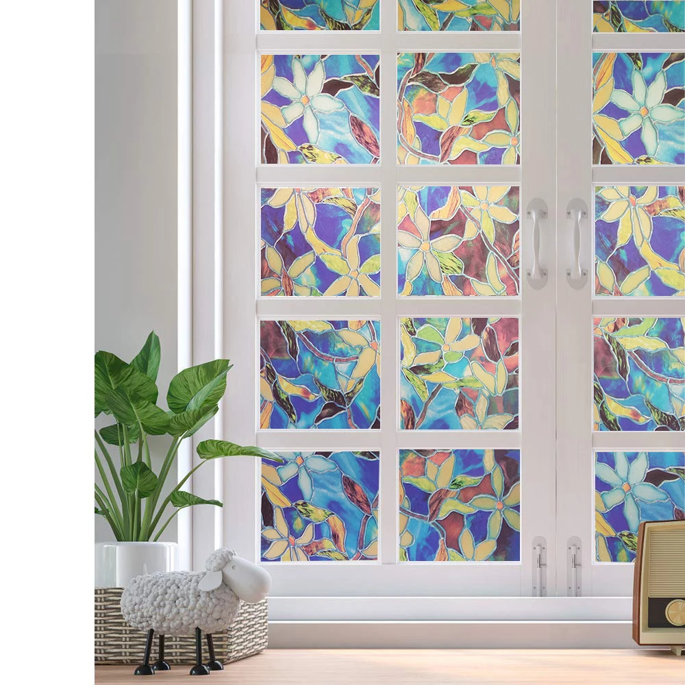 WXSHSH Stained Glass Window Film Privacy Static Cling Decorative Glass Film Magnolia Pattern Window Covering Blackout Film