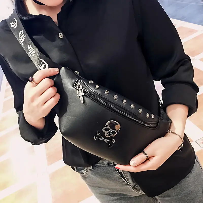 Cool Unisex Waist Bag Pu Leather Chest Bag Skull Fanny Pack Women