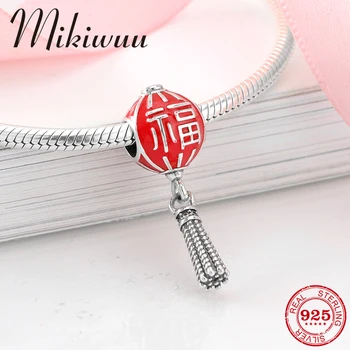 

925 Sterling Silver red enamel Chinese Lantern blessing fine Pendant beads Jewelry making fit Original Mikiwuu Charms Bracelet