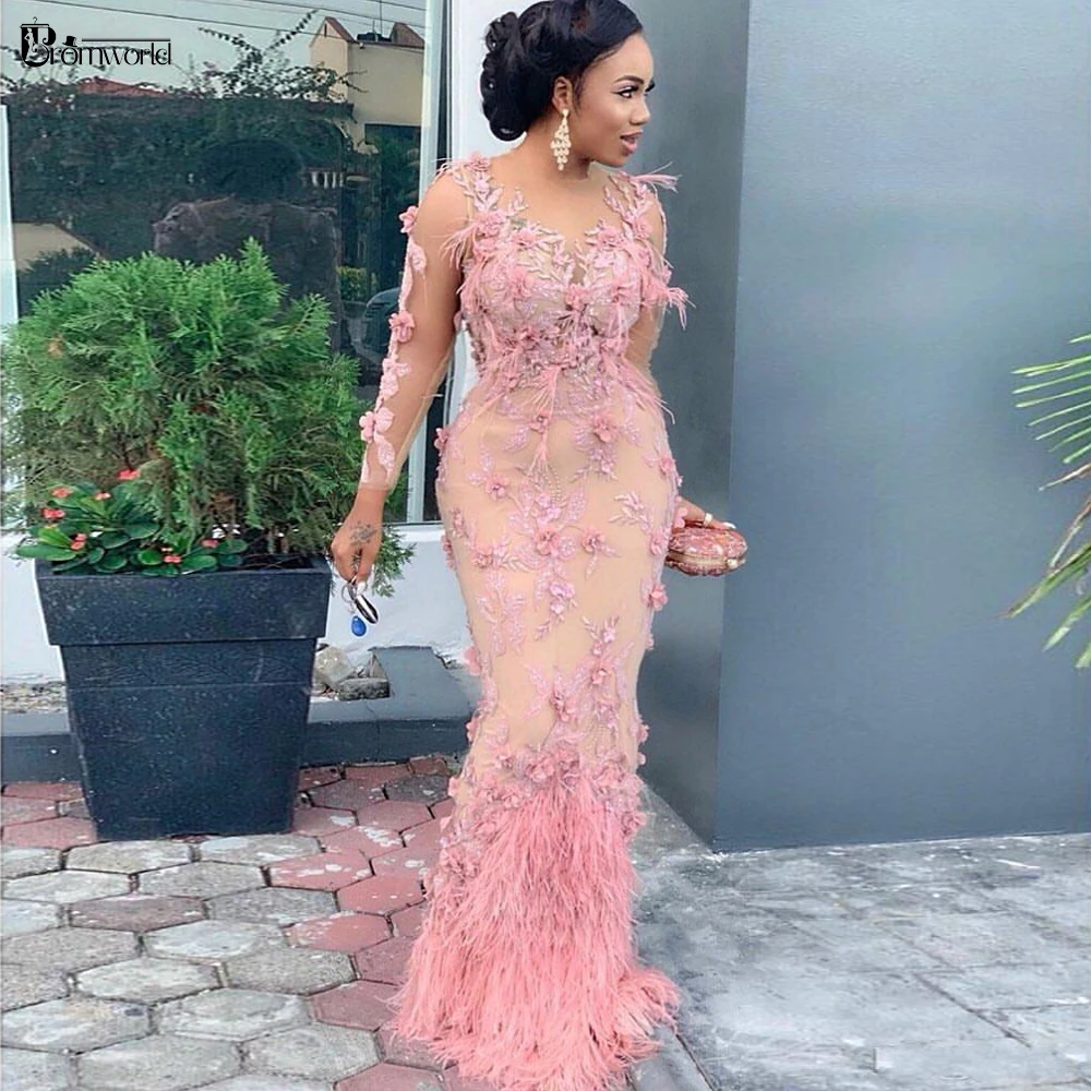 Розовые Роскошные кружевные африканские вечерние платья Русалка с бисером и