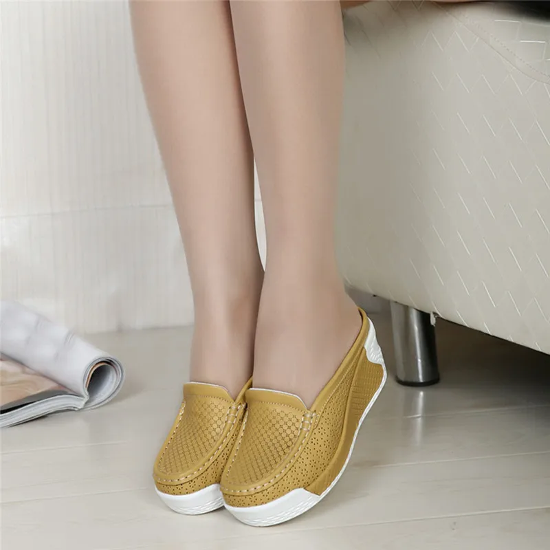 New Style Genuine Leather 12cm Heel Height Increasing Hollowed Slip On Women Thick Platform Wedges High Heel Slippers V6