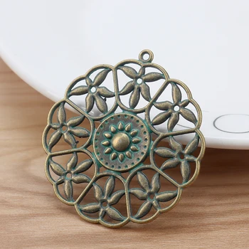

6 Pieces Large Green Verdigris Patina Flower Round Charms Pendants for Jewellery Making Findings 47x44mm