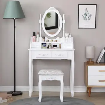 

European Style Women Bedroom Makeup Table White Color Vanity Stool Drawer Mirror Dressing Table Chairs Set HWC