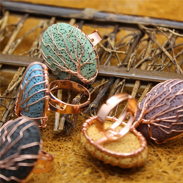Wholesale 12pcs Natural Stone Multicolour Lava Rings Brass Wire Handmade Wrap Knot Kabbalah Treat Rings for Women Jewelry Free