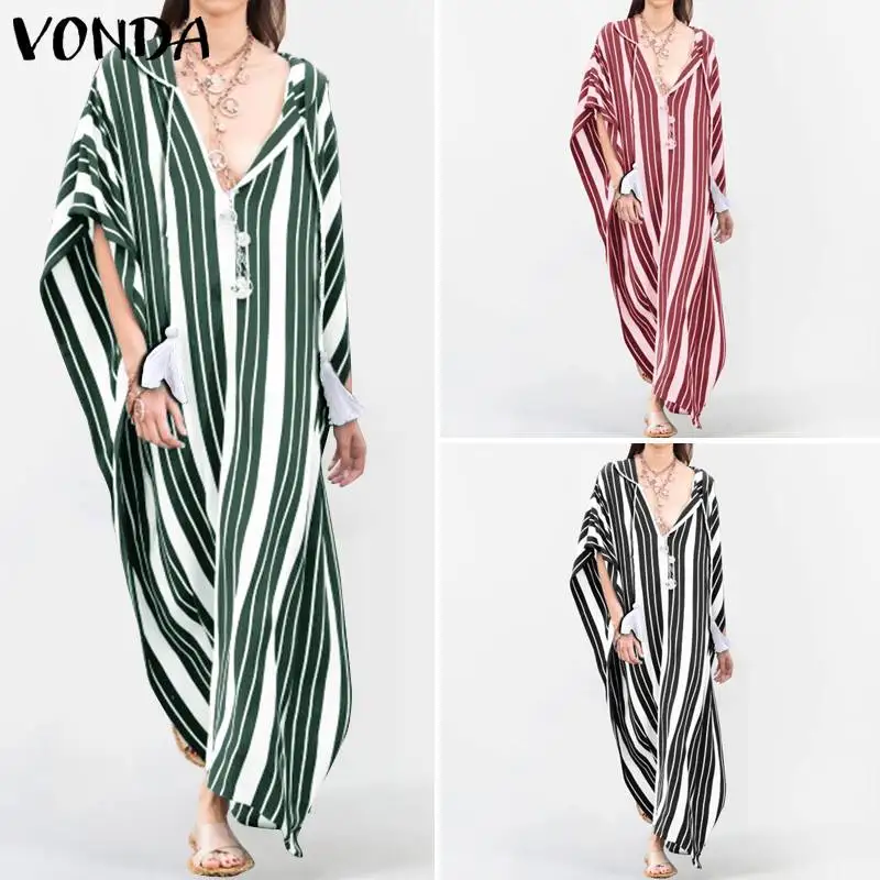Макси платье, винтажное платье размера плюс VONDA, Женская туника, сарафан, сексуальное летнее платье с v-образным вырезом и принтом, повседневные свободные вечерние длинные платья