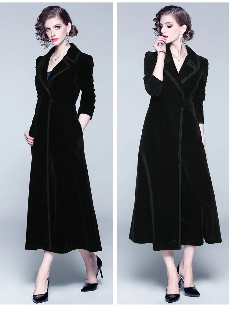 New Winter Runway Designer Women Vintage Notched Collar Wrap Black Velvet Maxi Coat Thick Warm Long Trench Coat Outwear