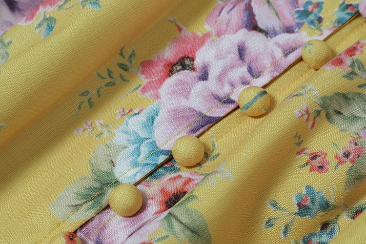 SEQINYY Bohemia Dress Spring Autumn New Fashion Design Women Long Sleeve Buttons Flowers Print Yellow Long Dress Casual