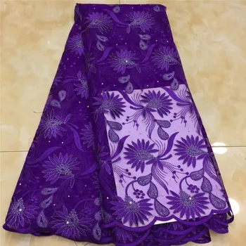 

Latest Nigerian purple Laces Fabrics With Stones beads High Quality Tulle African Laces Fabric Wedding French Tulle Lace Fabric