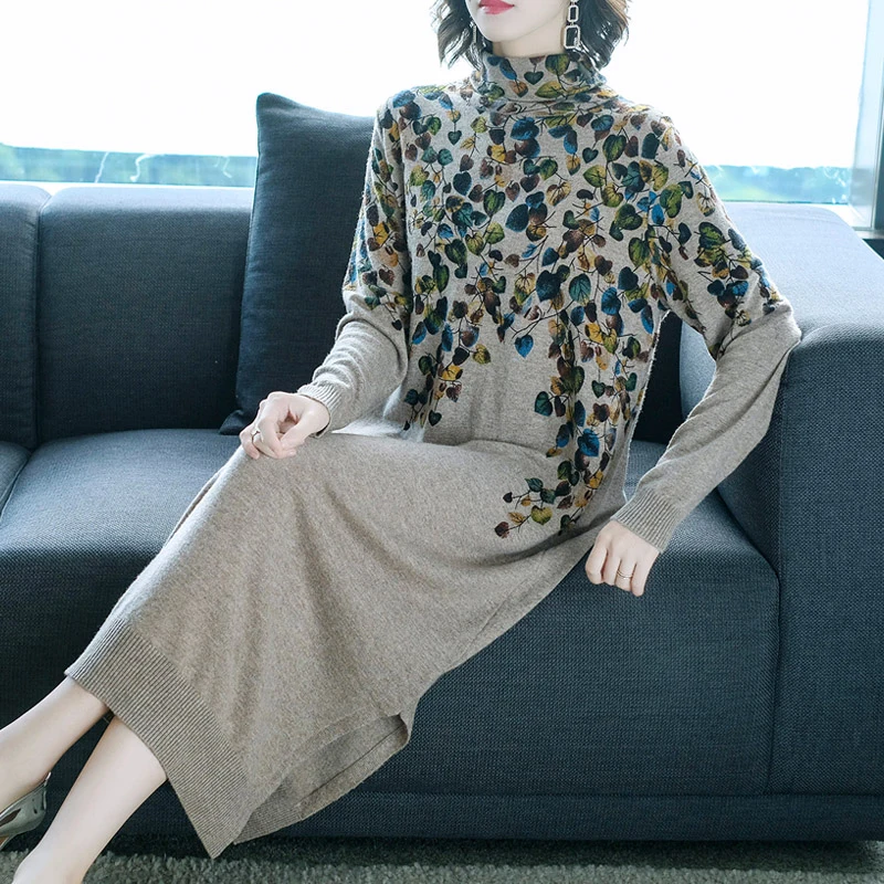 

New Women Sweater Dress Half Turtleneck Long Sleeve Print Knitting Dress High Quality Female Straight Winter Knitted Dresses