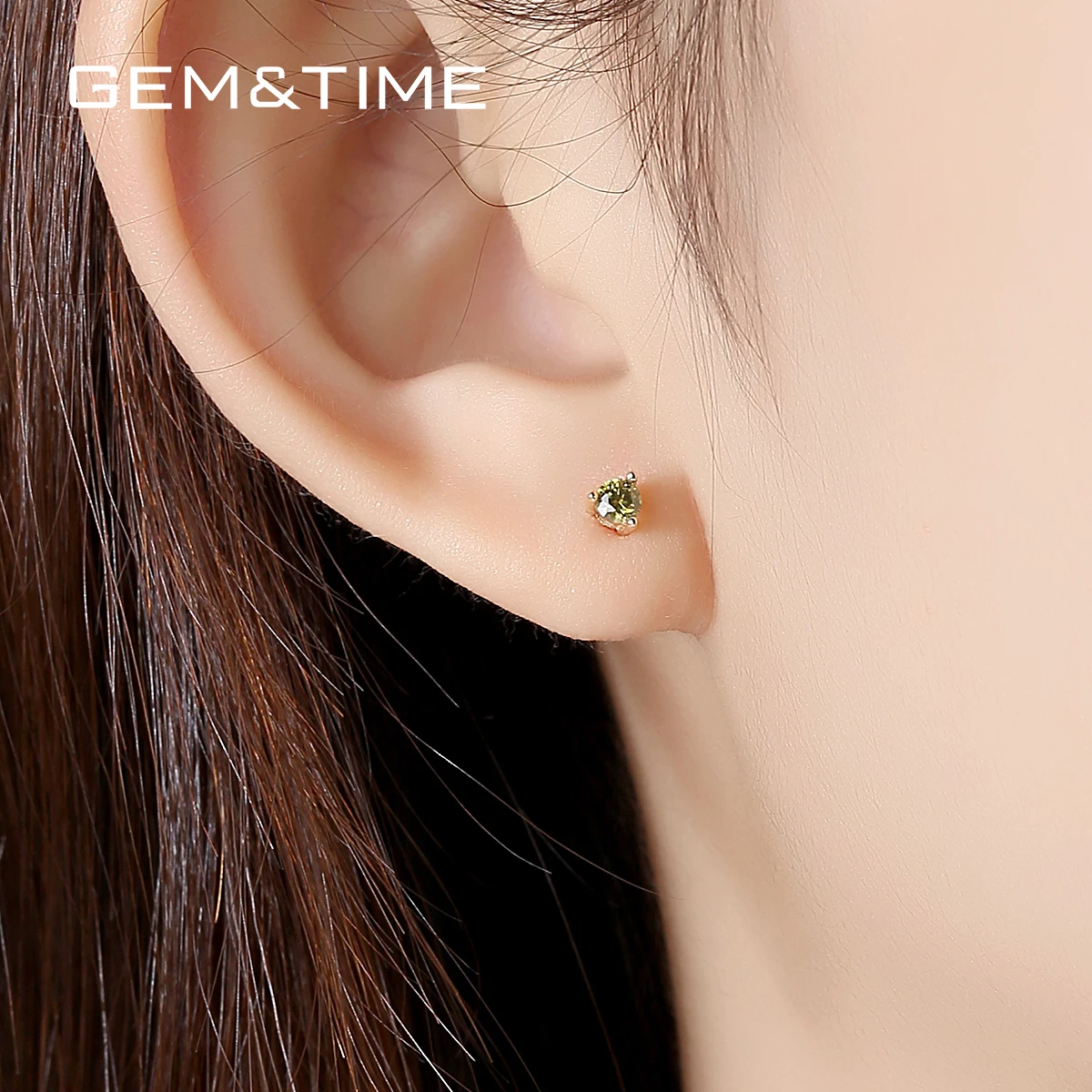 Gem&Time Exquisite Real 14K Gold 3 Prong Green Gemstone Stud Earrings for Women Yellow Gold Earrings Fine Jewelry Gift E14137