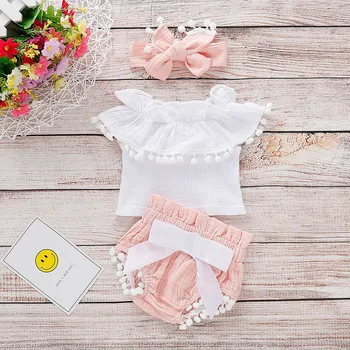 

Toddler Girls Clothes Set Summer Kid Girls Ruffles Tassels Tops Headband Bow Knot Shorts Baby Girl Outfit Infant Baby Clothes