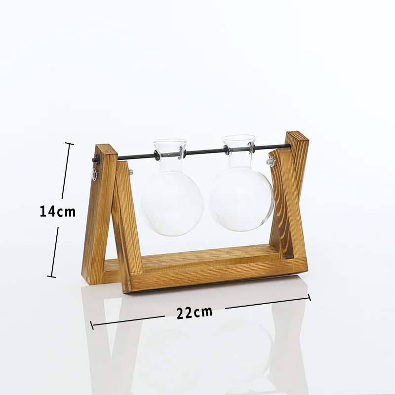 Vintage Hydroponic Vase Plant Transparent Flower Pot Glass Classic Wooden Frame Tabletop Planter Room Office Decoration - Цвет: 22x14cm