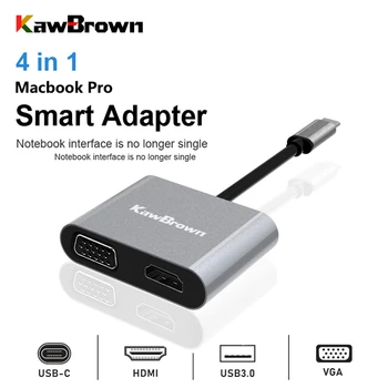 KawBrown USB-C Hub Type-C to HDMI USB-C to VGA Cable Support PD Charger USB 3.0 Converter for Laptop Macbook Laptop Accessories orico aluminum hub type c to type a type c hdmi converter support pd multi function laptop station for macbook pc