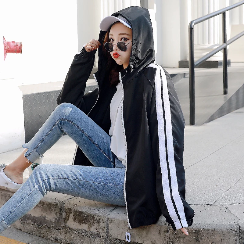 

2019 Women Windbreaker Jacket Female Patchwork Hooded Jacket Basic Jackets Harajuku Block Coats For Women Printed Outerwear