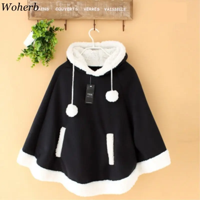 Koop Woherb Japanse Kawaii Mantel Vrouwen Herfst Winter Hooded Poncho Cape Jas 2020 Meisjes Gewatteerde Leuke Trui Capes Femme Shawl 23422