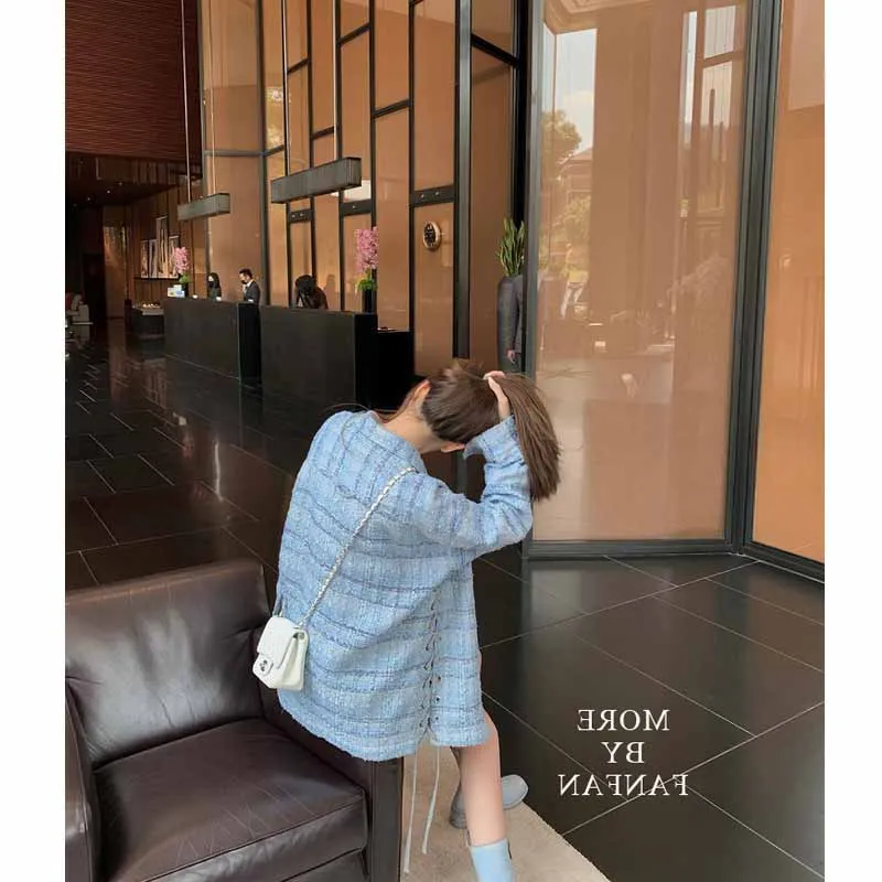 Thin Mid-length Tweed Jacket Female Plaid Blue
