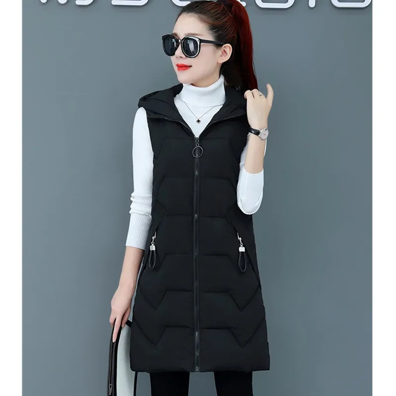 UHYTGF down jacket autumn winter vest womens hooded casual plus size vests jacket Pure color wild warm Parker vest waistcoat 339 - Цвет: black