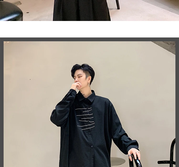 Men Long Sleeve Embroidery Irregular Casual Black White Shirt Male Streetwear Hip Hop Gothic Japan Dress Shirt