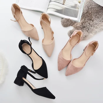 

Hot Square High Heels Female Shoes Woman 2020 Flock Ankle Straps Slingback Women Office Career Sandals Casual Nude Wedding Pumps