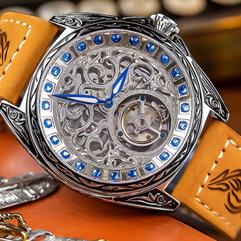 Модные механические часы с большим циферблатом, полностью автоматические турбийон, мужские часы с кристаллами и бриллиантами, антикварные мужские часы со скелетом, светящаяся указка