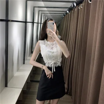 

2020 New Summer Women Dress Casual Fashion Lace Mini Sleeveless Patchwork Floral Mesh Dresses Off Shoulder Hollow Out Elegant