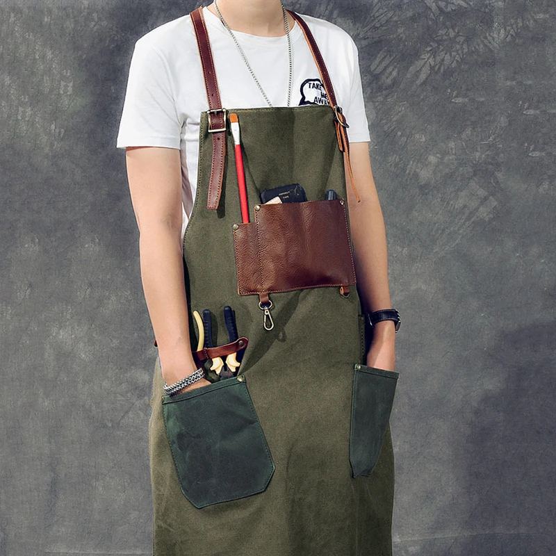 Work Apron Retro Washed Distressed Canvas First Layer Cow Leather Handmade Apron Top Grade Creative Craftsman Studio Equipment