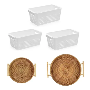 

5 Pcs Handmade Fruit Basket Tea Tray Rattan Weaving Bread Storage Organizer for Kitchen Food Picnic Container