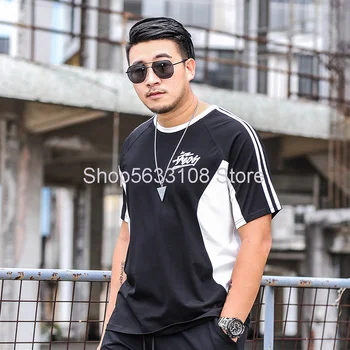 

Short Sleeve T1069 Big Size Men's Wear Trend Leisure Loose Plus Fat Plus Fat Man Black And White Spell T Shirt