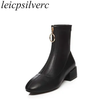 

Women Boots Autumn Winter Warm Ankle Shoes Pu Med Heel Zip Square Toe 2019 Chelsea Boots New Sexy Fashion Wedding Beige Black