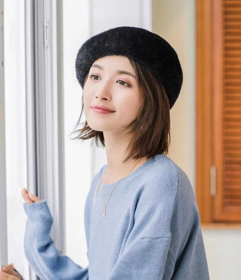 Otomino Invierno moda mujer boina sombrero de piel de conejo sombrero grueso calentador boina mujer sombrero para mujer
