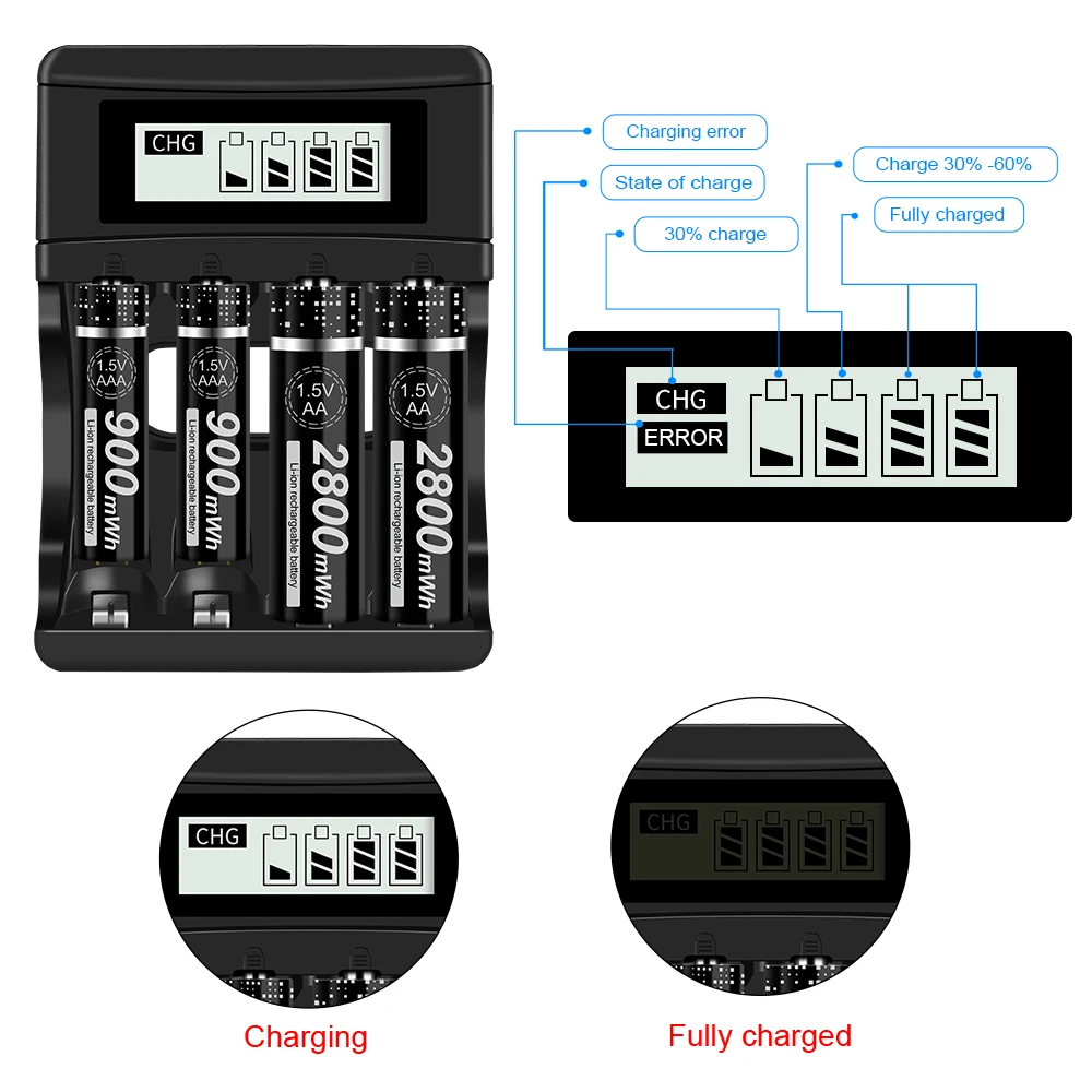 PALO 1.5V AA Li-ion Rechargeable Batteries+1.5v AAA Li-ion Rechargeable Batteries with LCD Smart 1.5V Lithium Battery Charger