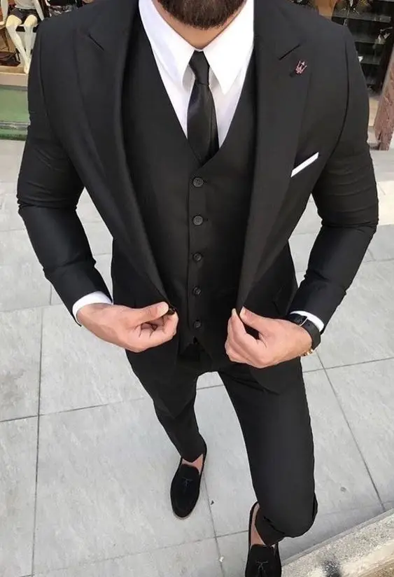 Черный мужской костюм Slim Fit Street Smart деловые вечерние костюмы для выпускного вечера из 3 предметов, строгие свадебные костюмы для мужчин смокинг жениха Terno - Color: as picture