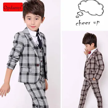 

Spring Children's Casual 3 Piece Gentleman Plaid Fashion Blazer + Pants + Vest Children's Wedding Party Dress Suit