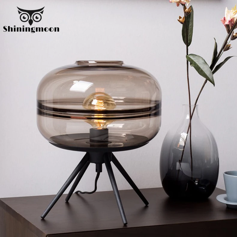 

Post-modern LED Table Lamp with Glass Lampshade Smokey Grey/Amber Bedside Table Lights Reading Study Desk Lamp Lighting Fixture