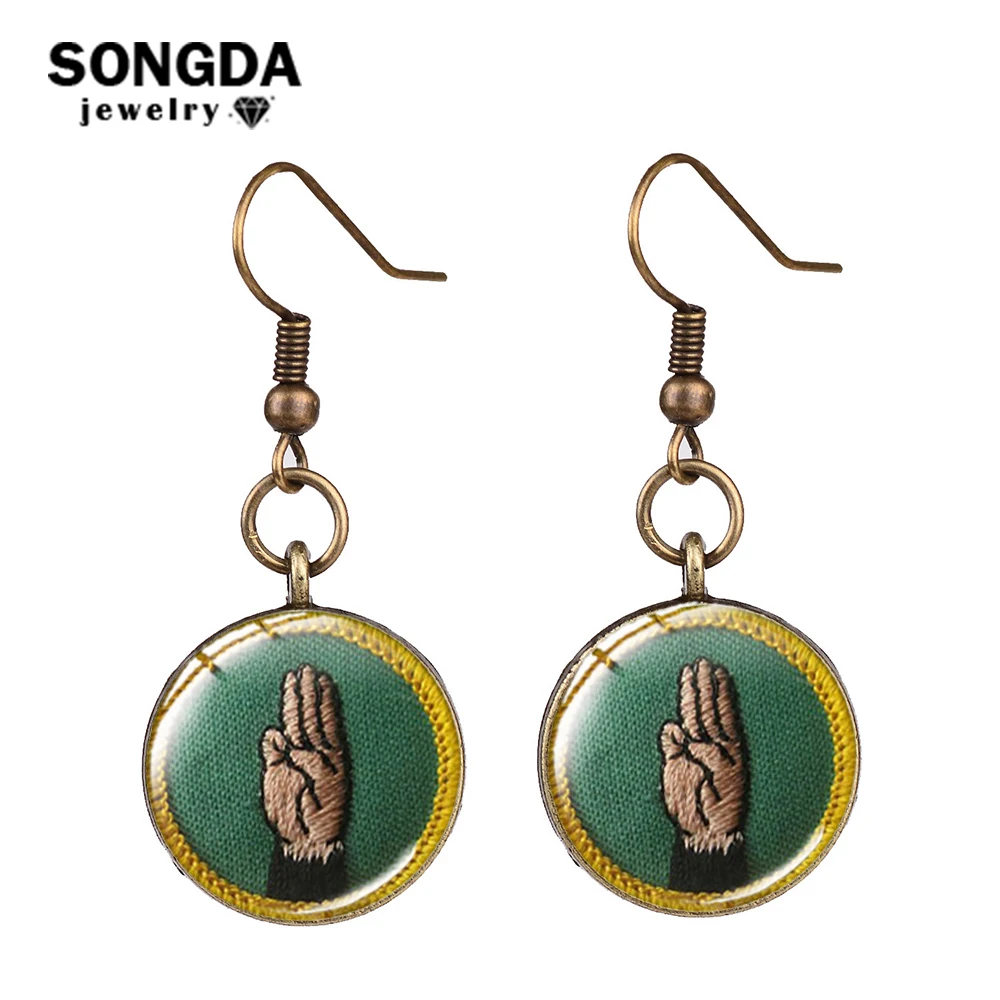 SONGDA, классические серьги для девушек, скаут, значок Cadette, знак, ручная работа, стекло, художественное изображение, висячие серьги, индивидуальные вечерние аксессуары