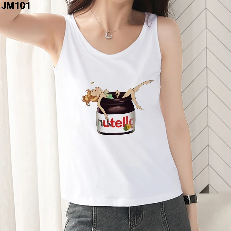 

Женские летние топы, жилет, футболка с принтом Nutella, женские топы без рукавов, майки, модная уличная одежда в стиле Харадзюку, свободная футболка