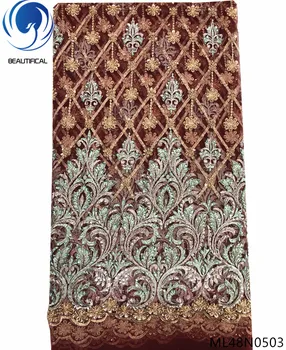 

Beautifical Embroidery lace fabrics 2019 New design Handmade beaded lace fabric nigerian net lace fabric 5yards/lot ML48N05