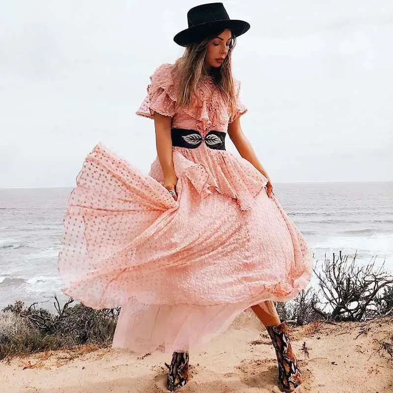 

BOHO INSPIRED sheer ruffle wmoen dress tied backless elegant dress party 2020 summer dress flare sleeve long boho dress pale