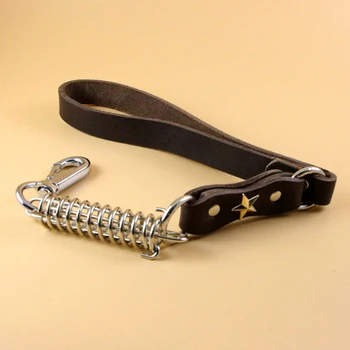 

Genuine Leather dog Short chain leash Explosion proof large dog lead leather handle big dog leashes Spring buffer metal pet