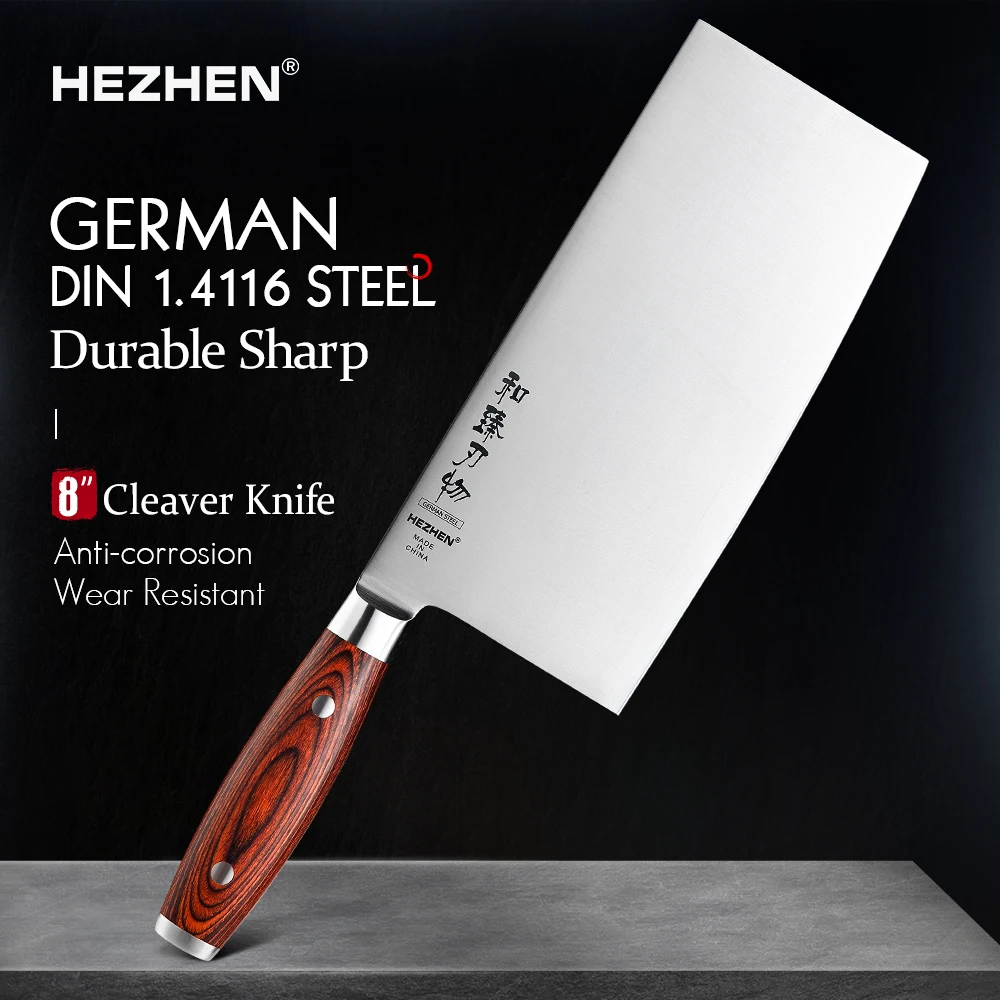 

HEZHEN 8 Inches Cleaver Slice Knife German Molybdenum Vanadium Steel With Pakka Wood Handle & Stainless Steel Rivet Cook Knife