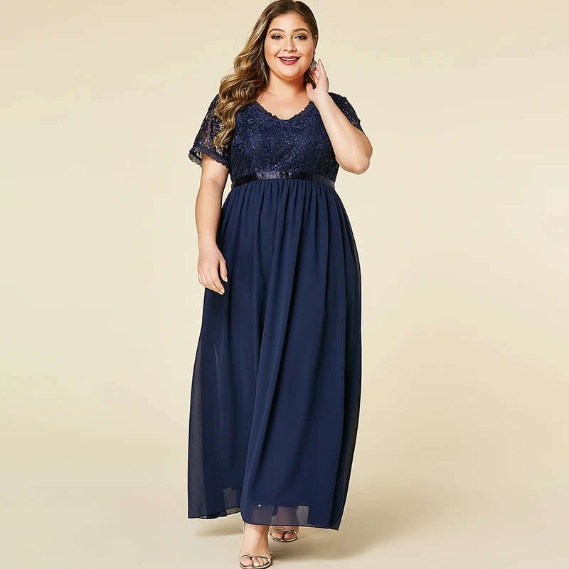 YOINS Весна Лето Женское темно-синее кружевное платье с v-образным вырезом женское элегантное Макси платье с коротким рукавом размера плюс однотонные платья vestidos